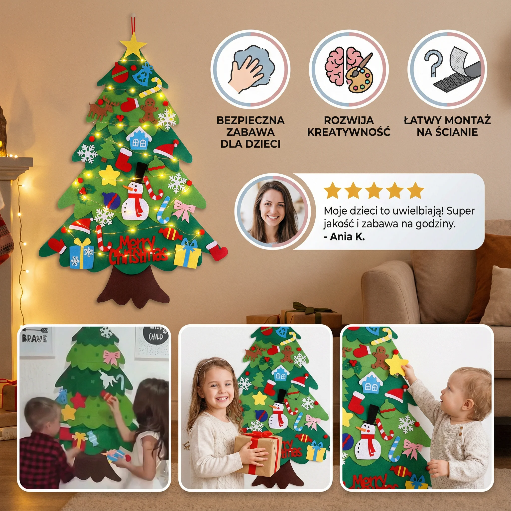DIY Filcowa Choinka dla Dzieci | Bezpieczna Dekoracja Ścienna z Odpinanymi Ozdobami do Świątecznej Zabawy - Image 3