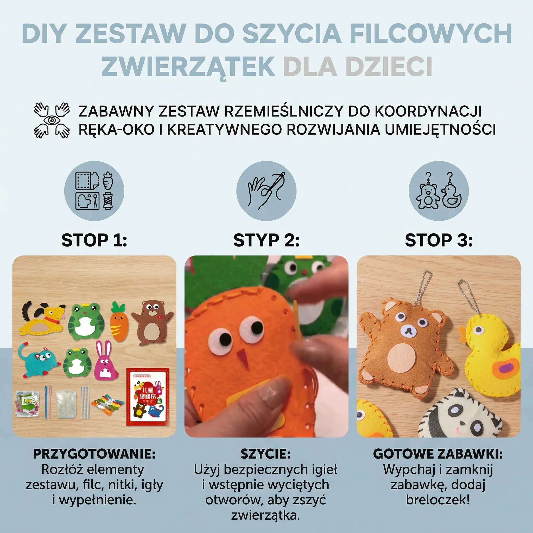 Diy zestaw do szycia filcowych zwierzątek dla dzieci | Zabawny zestaw rzemieślniczy do koordynacji ręka - oko i kreatywnego rozwijania umiejętności - Image 3