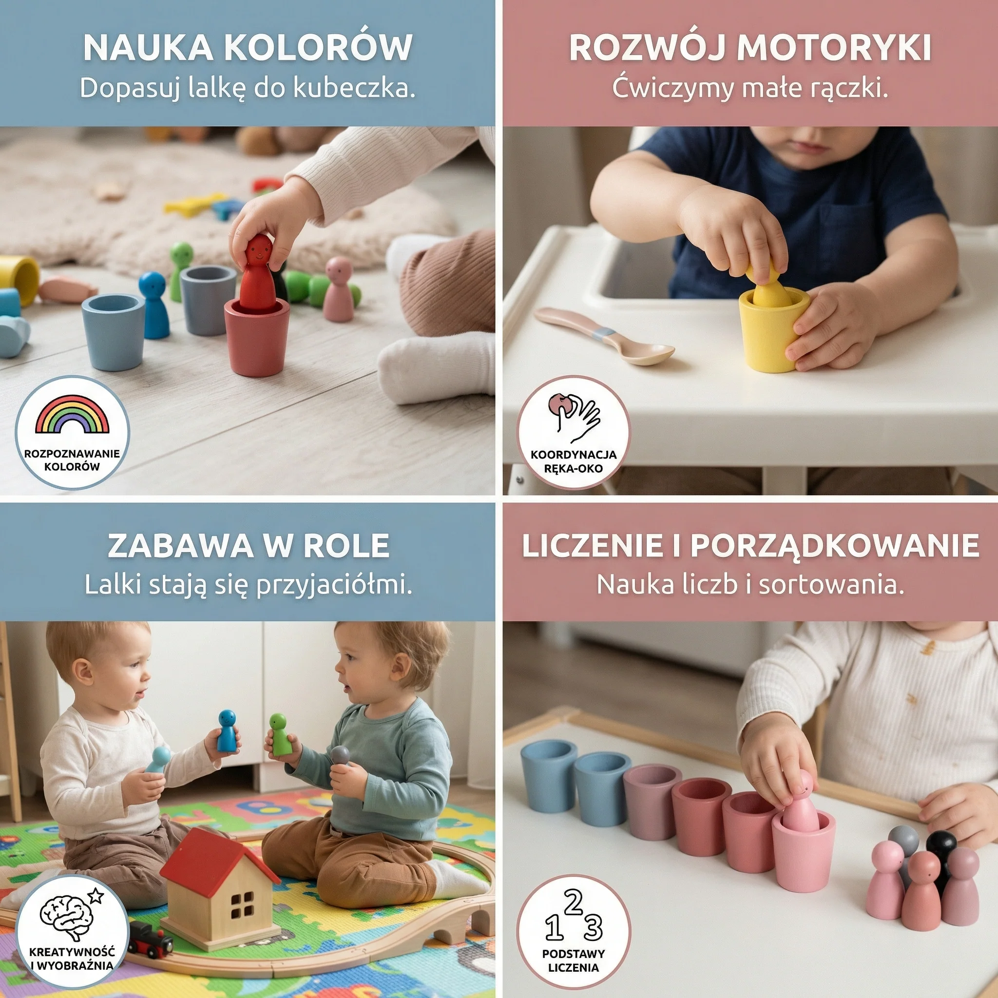 Drewniana zabawka do dopasowywania kolorów dla dzieci | Gra w sortowanie z lalkami z kołkami i kubkami do nauki motoryki małej i wzroku - Image 5