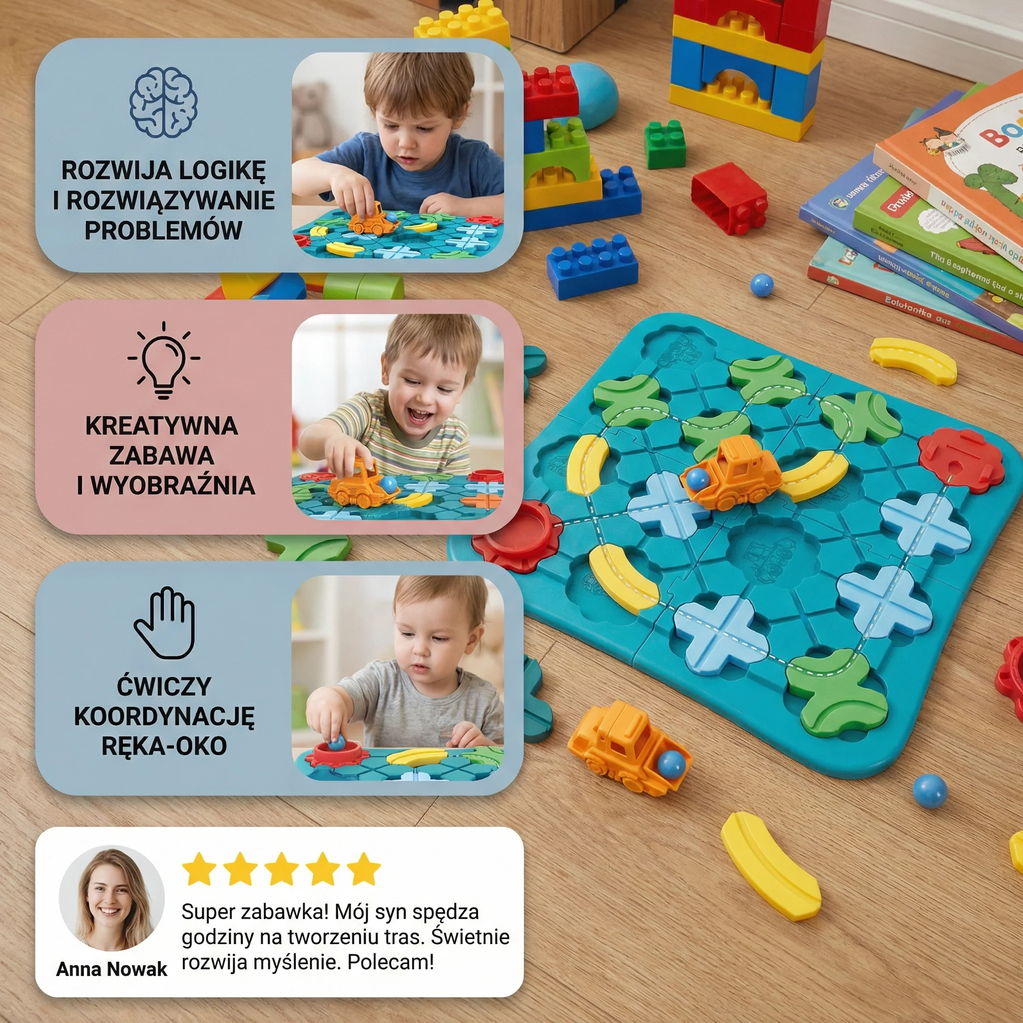 Gra w labirynt dla dzieci ⎜ Edukacyjna zabawka z torami drogowymi z kulkami i samochodem do zabawy logicznej i rozwiązywania problemów. - Image 3