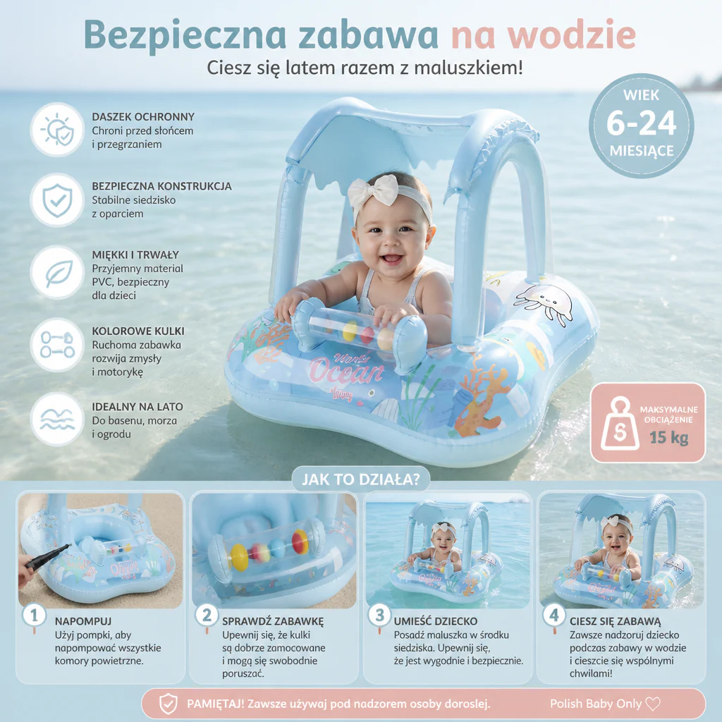 Inflatowalny Basen Niemowlęcy z Daszkiem i Wzorem Oceanu - Image 2