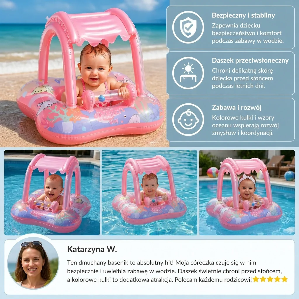 Inflatowalny Basen Niemowlęcy z Daszkiem i Wzorem Oceanu - Image 3