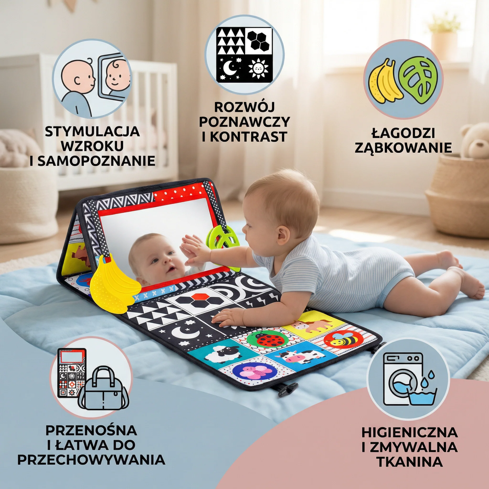 Interaktywna Książeczka z Lustrem dla Niemowląt – Składana i Zmywalna Miękka Zabawka z Tkaniny - Image 3