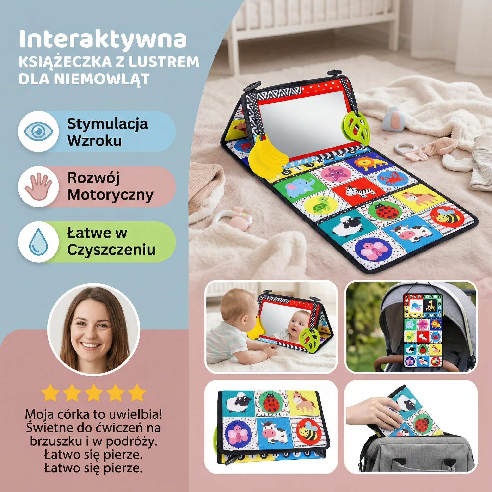 Interaktywna Książeczka z Lustrem dla Niemowląt – Składana i Zmywalna Miękka Zabawka z Tkaniny - Image 4