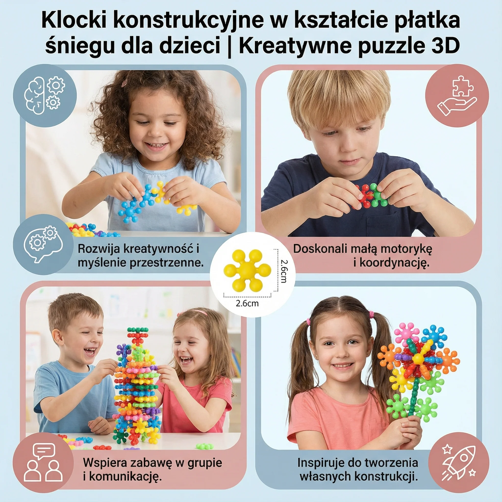 Klocki konstrukcyjne w kształcie płatka śniegu dla dzieci | Kreatywne puzzle 3D dla zabawy edukacyjnej i umiejętności motorycznych - Image 4
