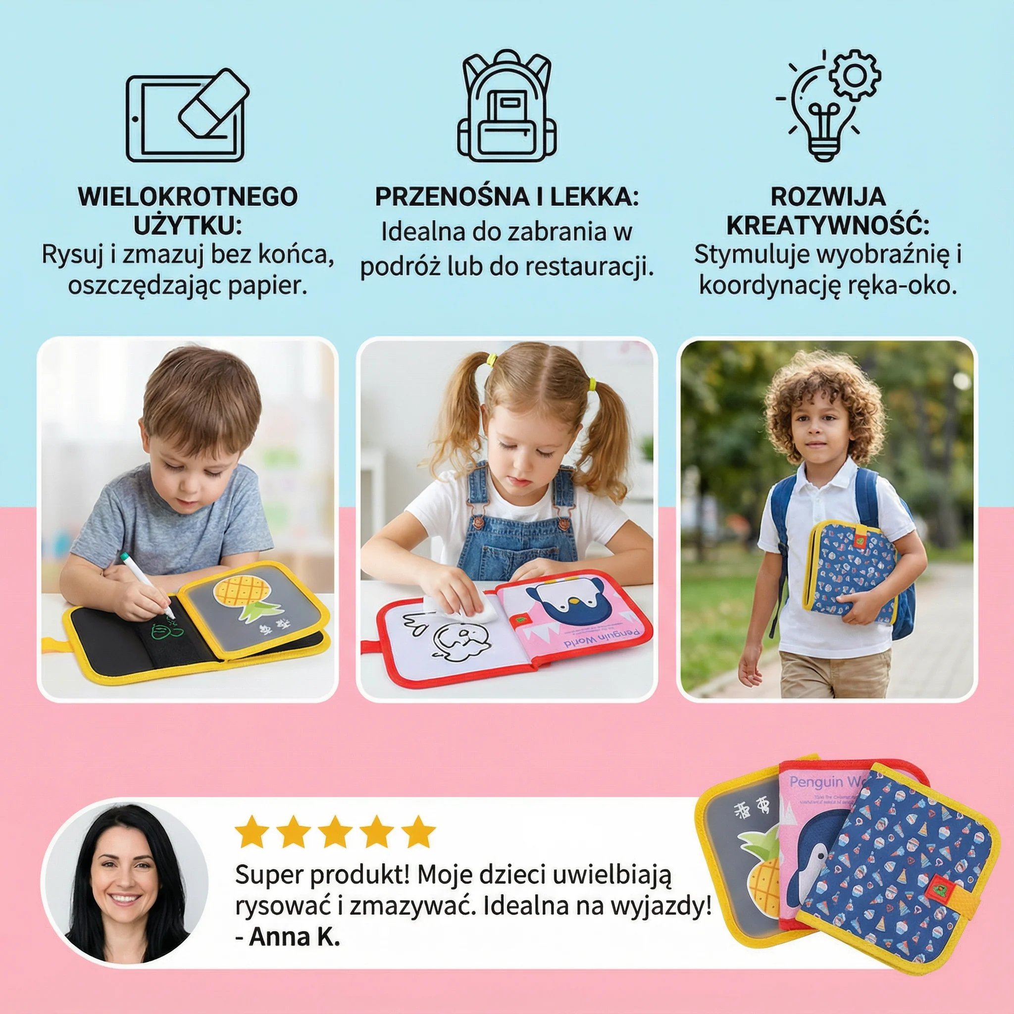 Książeczka do rysowania wielokrotnego użytku dla dzieci | Przenośna ścieralna podkładka do kreatywnej nauki w domu i w podróży - Image 3