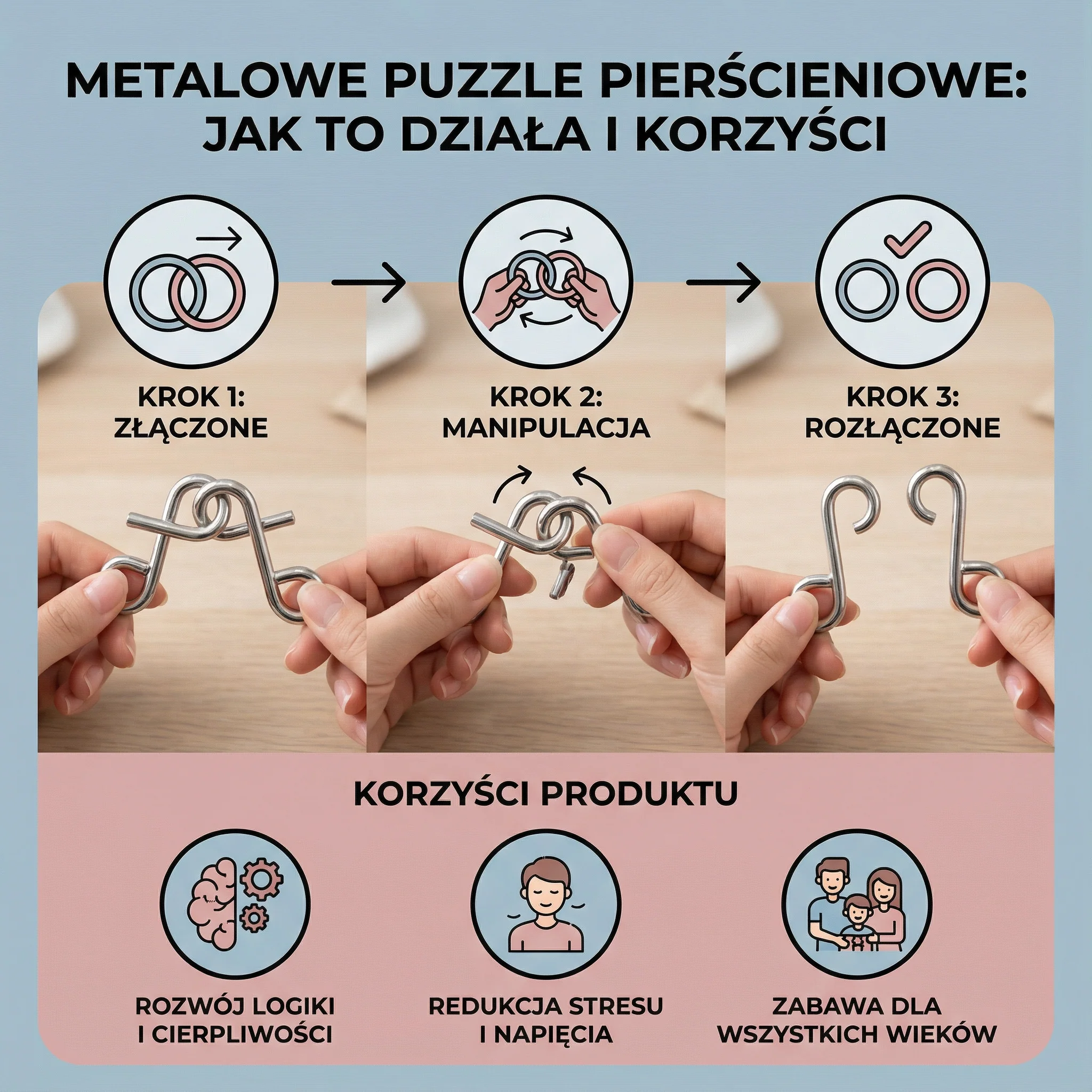 Metalowe Puzzle Pierścieniowe ⎜ Gra Logiczna dla Dzieci i Dorosłych - Image 2