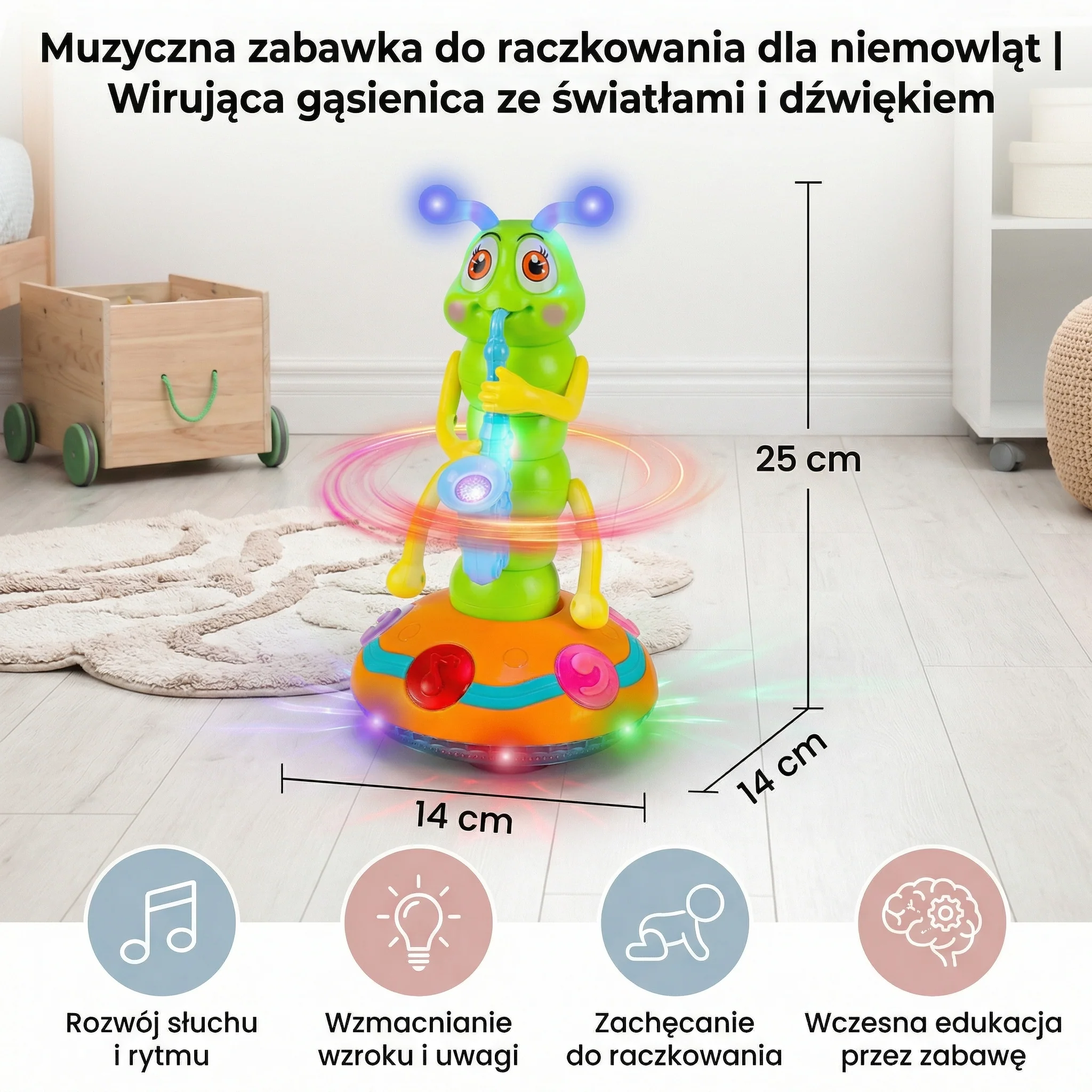 Muzyczna zabawka do raczkowania dla niemowląt | Wirująca gąsienica ze światłami i dźwiękiem do wczesnej nauki i zabawy w ruchu - Image 5