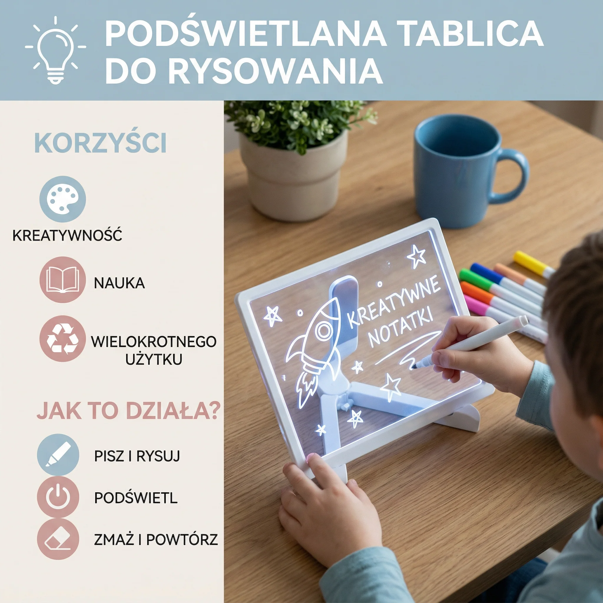 Podświetlana tablica do rysowania dla dzieci | Podświetlana powierzchnia wielokrotnego użytku do kreatywnych notatek , sztuki i nauki - Image 3