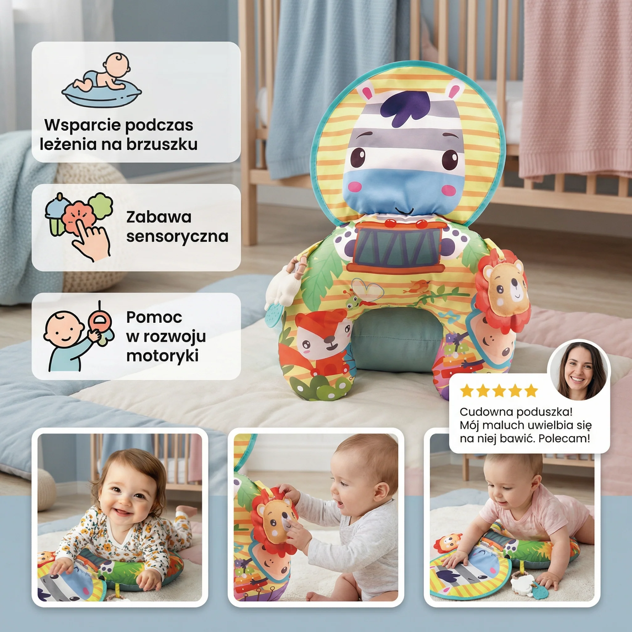 Poduszka treningowa dla niemowląt do leżenia na brzuszku z pałąkiem do zabawy – Wspiera rozwój sensoryczny i wczesny rozwój - Image 3