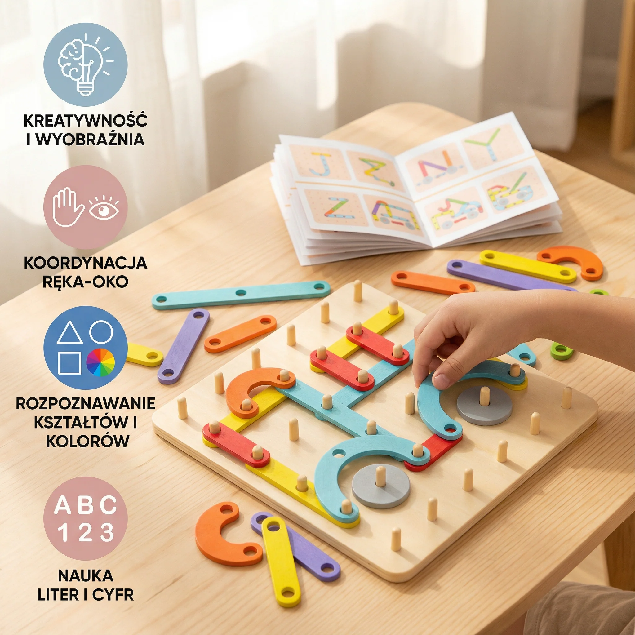 Puzzle Montessori z kołkami dla dzieci ⎜ Kreatywna zabawka do dopasowywania kształtów z literami i cyframi do nauki wczesnej. - Image 2