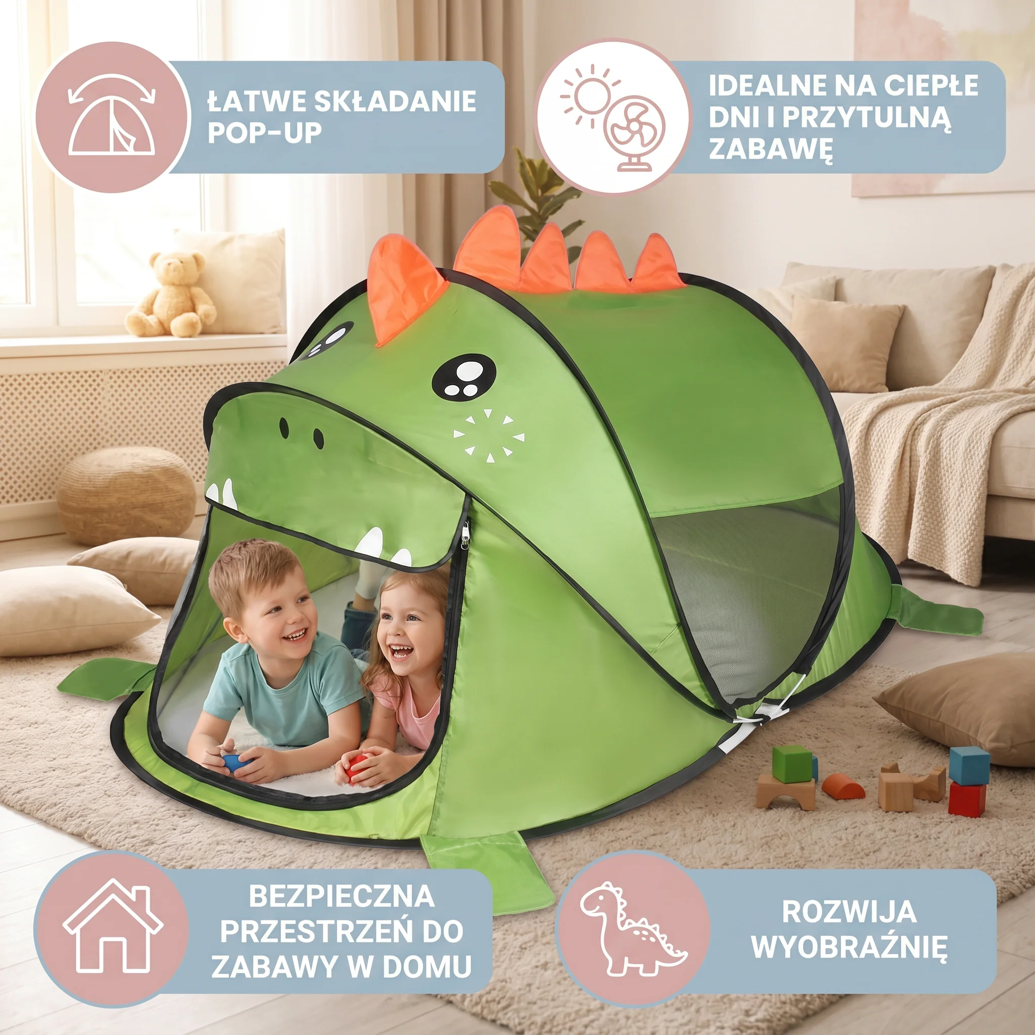 Składany namiot dinozaur do zabawy dla dzieci – idealny na ciepłe dni i przytulną zabawę - Image 2