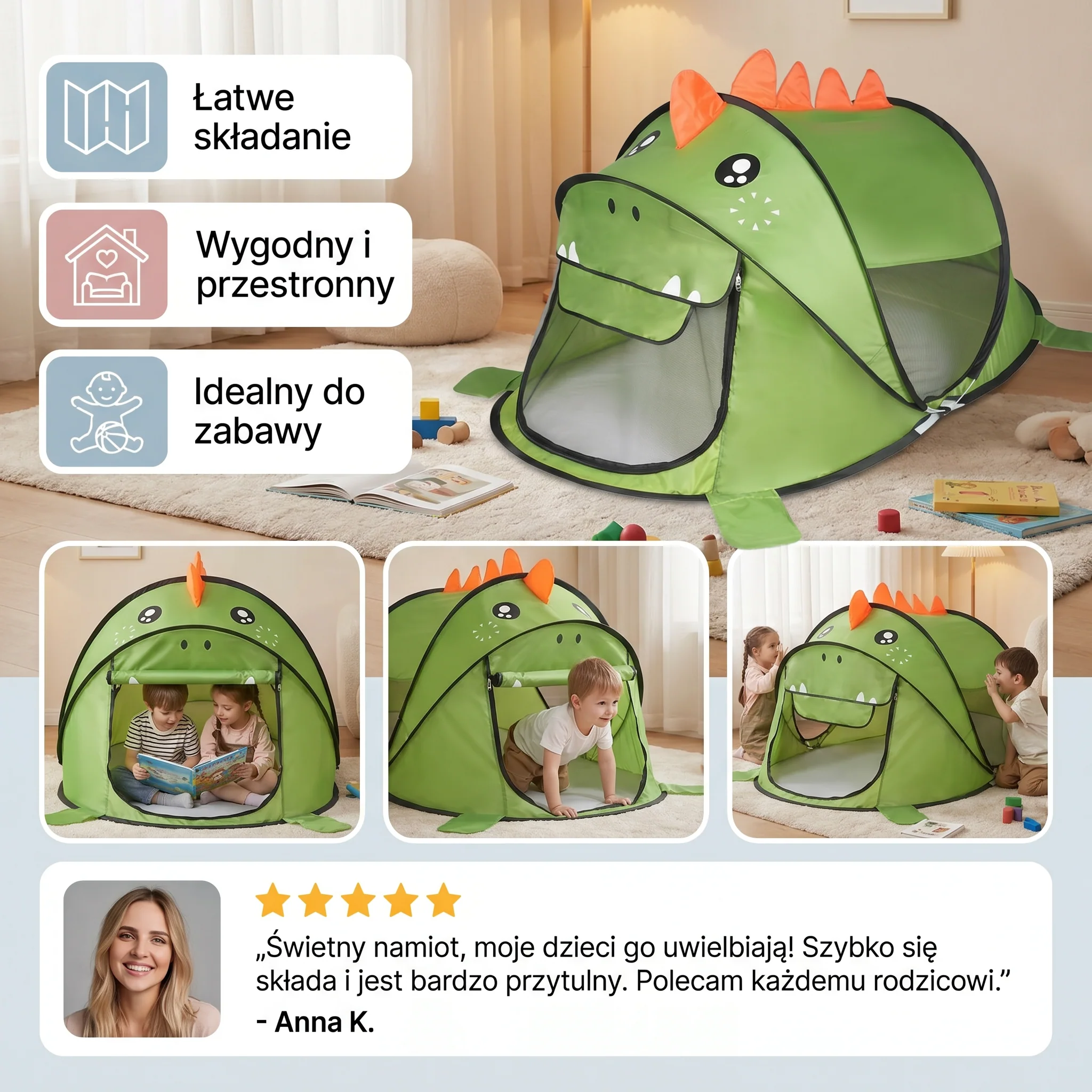 Składany namiot dinozaur do zabawy dla dzieci – idealny na ciepłe dni i przytulną zabawę - Image 3