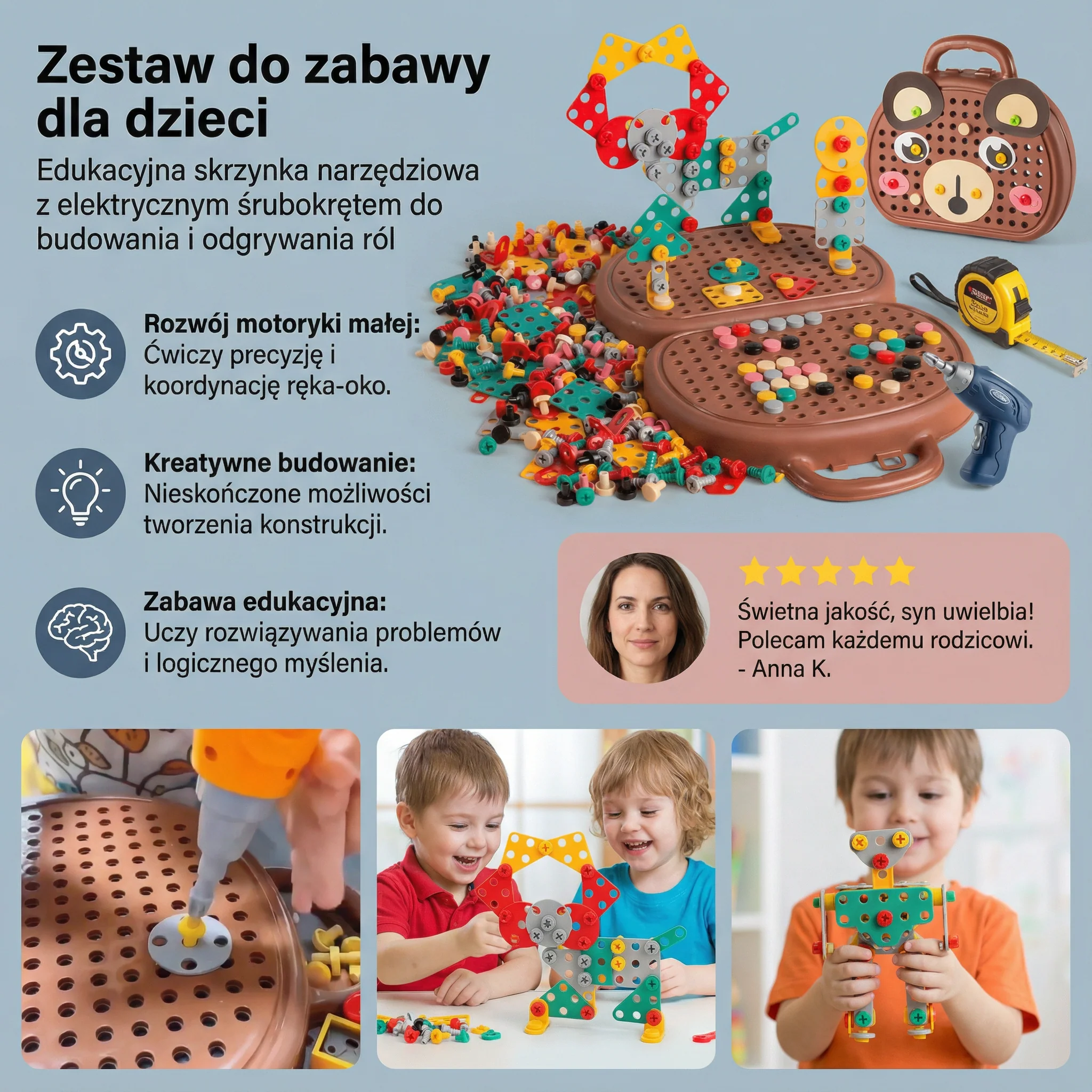 Zestaw do zabawy dla dzieci | Edukacyjna skrzynka narzędziowa z elektrycznym śrubokrętem do budowania i odgrywania ról - Image 3