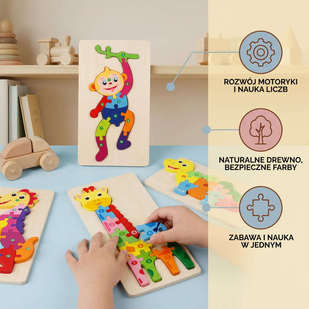 Zestaw Drewnianych Puzzli dla Dzieci – Układanka Edukacyjna z Liczbami i Zwierzętami - Image 2