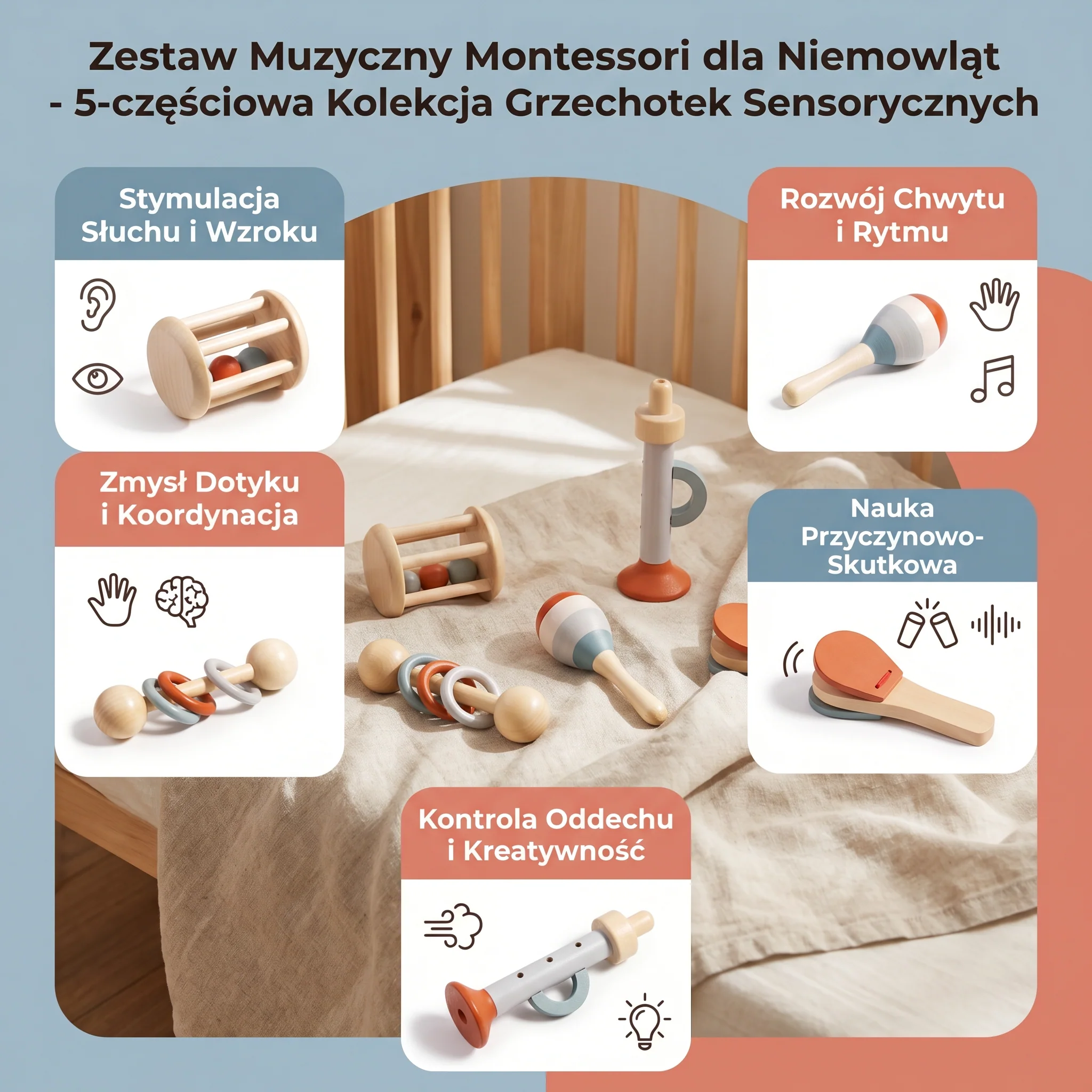 Zestaw Muzyczny Montessori dla Niemowląt – 5-częściowa Kolekcja Grzechotek Sensorycznych - Image 3