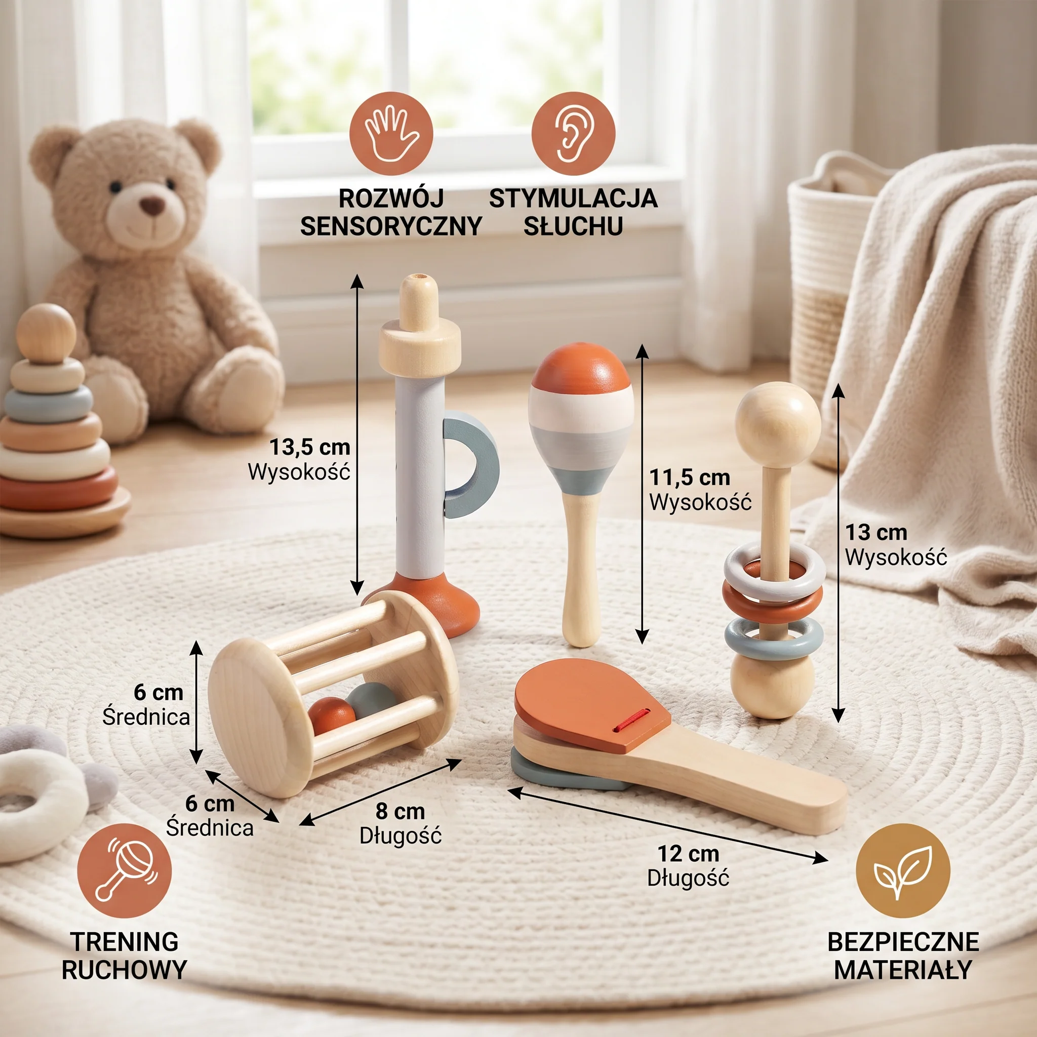 Zestaw Muzyczny Montessori dla Niemowląt – 5-częściowa Kolekcja Grzechotek Sensorycznych - Image 6